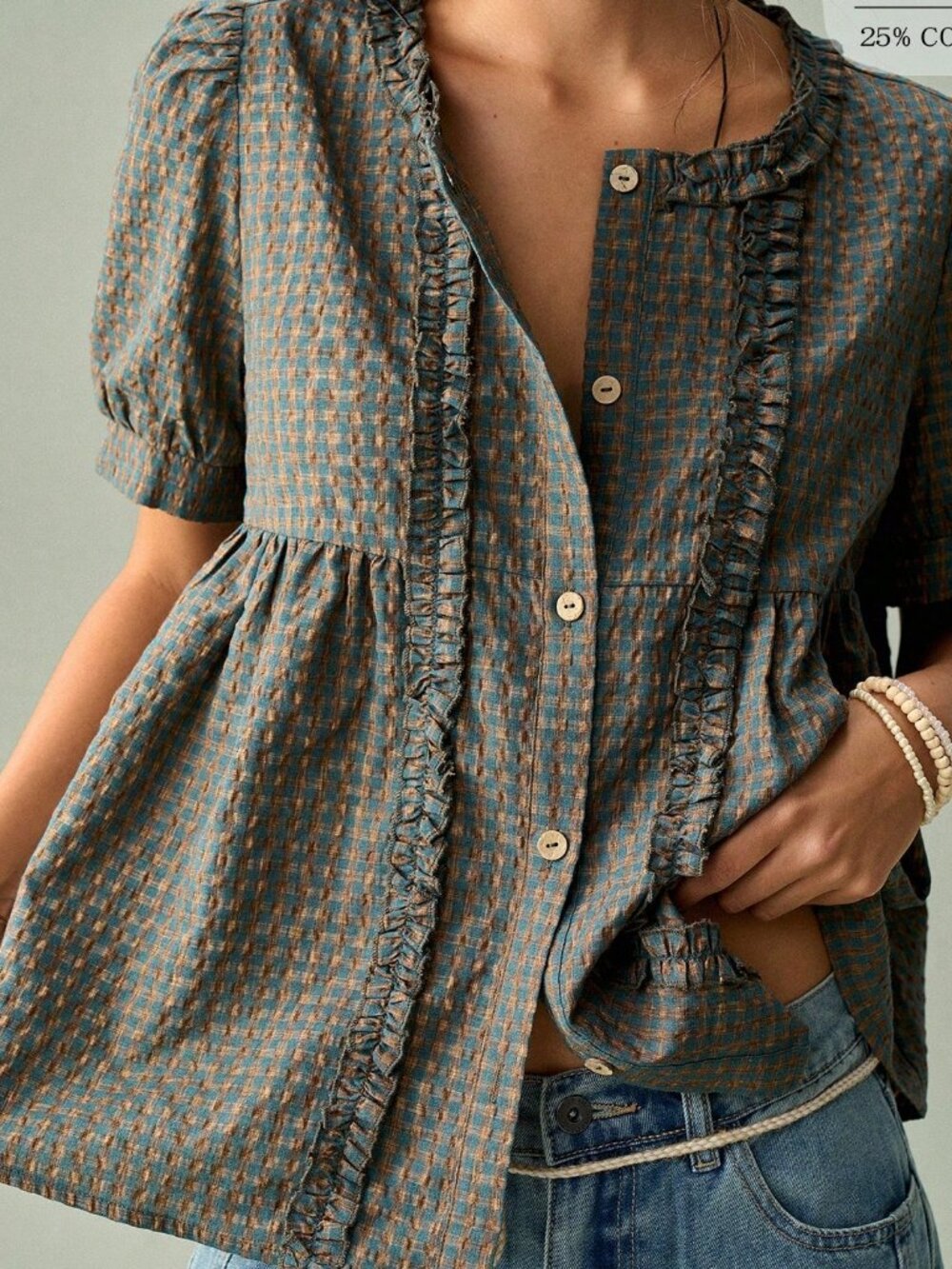 Women's Round Neck Ruched Frill Trim Petal Sleeve Plaid Casual Shirt - Picture 2 of 8